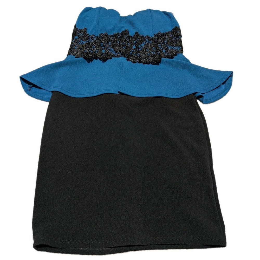 Fashion Magazine Dress Womens M Blue Black Strapless Lace Peplum Mini‎ Bodycon